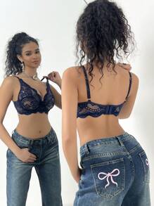 1pc Women Lace Trim Lingerie Bra With Underwire, Single Set - Navy Blue - View 2