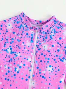 Baju Renang Terusan Anak Perempuan dengan Celana Pendek, Set Baju Renang Lengan Panjang Motif Polkadot Biru Berkilau untuk Liburan Pantai Musim Panas Warna Pink - Berwarna merah muda - View 5