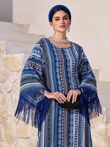 Al Najma Women Floral Print Patchwork Fringe Batwing Sleeve Turkish Dress Kaftan Jalabiya Dress - Multicolor - View 4