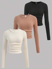 SHEIN Girlism 3 件套青少年女孩罗纹针织圆领腰部褶皱厚长袖打底 T 恤，冬季上衣，杏色、卡其色、黑色，买 1 送 2 - 彩色 - 查看 1