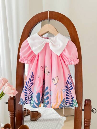 SHEIN LMoss Kids 女婴花卉印花蝴蝶结领短袖休闲连衣裙，夏季
