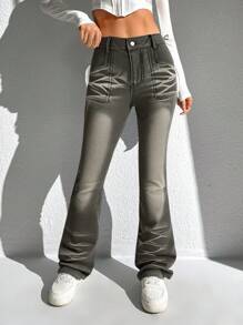 SHEIN Tween Girls 复古灰色弹力修身喇叭牛仔裤，休闲舒适街头风格，百搭春秋装