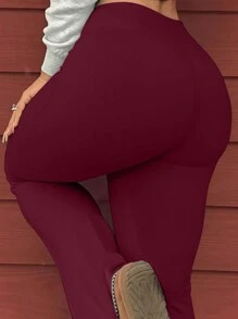 INAWLY Plus Size Women's Solid Color Flared Casual Pants, Versatile - Burgundy - View 2