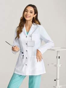 TaskEZ Plain Front Button Long Sleeve Pocket Lab Coat/White Coat - White - View 3