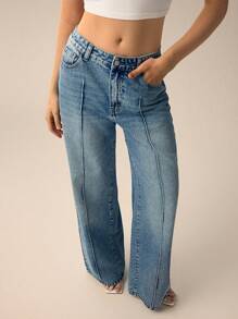 Forever 21 Calça Jeans Feminina Casual Solta com Bolsos e Perna Larga