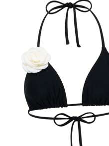 Swim Chiccia Springbreak Women 3-Piece Floral Halter Neck Triangle Bikini Set With Ruffled Trim Beach Dress Swimwear For Summer Beach Vacation - Black - View 7