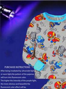 SHEIN 2pcs Young Boys Alien Print Glow-In-The-Dark Knit Round Neck Long Sleeve Top & Long Pants Snug Fit Sleepwear Set - Multicolor - View 4