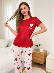 Dream Adore Heart Print Round Neck Short Sleeve Top & Pants Women Valentine's Day Red Pajama Set