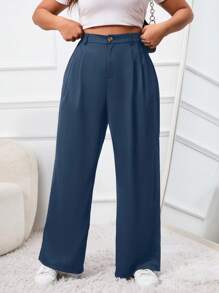 SHEIN EZwear Plus Spring Plicated Detail Wide Leg Black Suit Pants