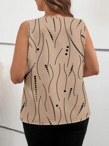 SHEIN Clasi 大码休闲条纹和波尔卡圆点 V 领无袖上衣，适合春夏季 - 杏色 - 查看 2