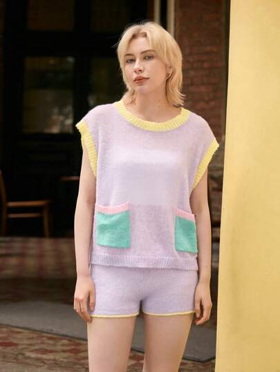 Skyraze Women Lightweight Contrast Color Knitted Sweater Vest,Geometric Pattern