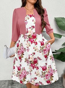 SHEIN Clasi Vestido con bolsillo con estampado floral blanco y rosa parche, tallas grandes, elegante vestido de Día de San Valentín, vestidos elegantes, vestidos románticos, vestidos de verano para mujer, vestidos de primavera para mujer, vestido de playa, vestido de vacaciones, estilo bohemio