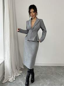 SHEIN PETITE Set de 2 piezas para mujer con diseño de pliegues y estampado de flores, top y falda de línea A, para otoño/invierno
