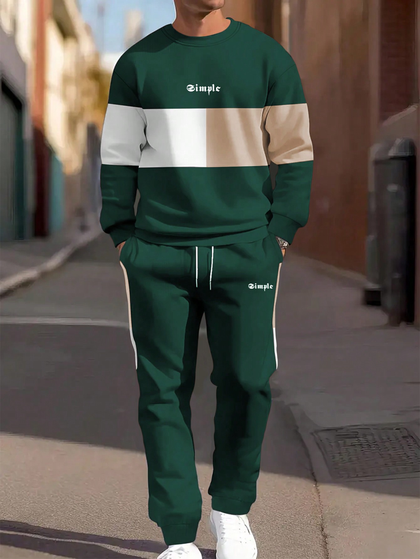 Manfinity Dauomo Men Solid Color Panel Round Neck Long Sleeve Top And Pants Set