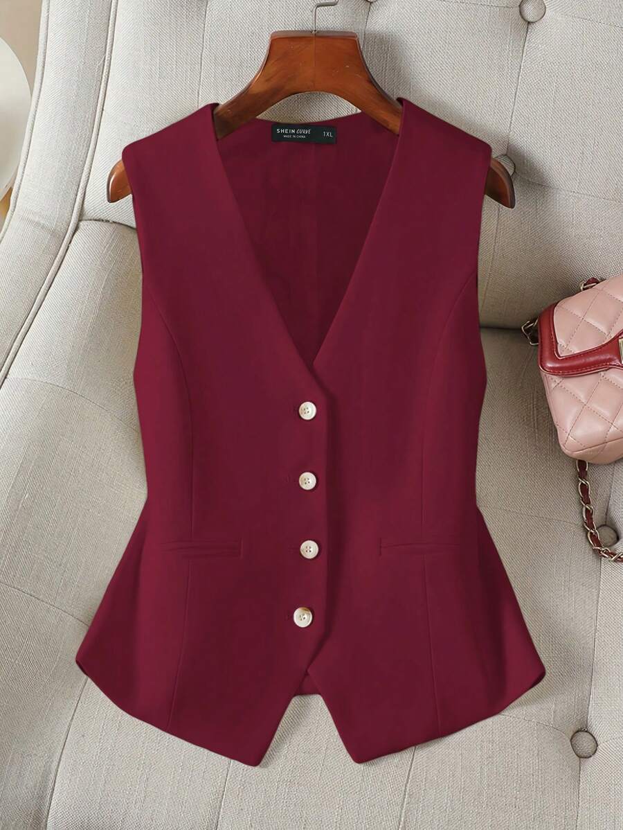 CosyJoli Plus Size Women's Summer And Autumn Fall Women New Fashion Casual Elegant Commuter Work Back To School Old Money Style Teacher Business Women Vest 4th Of July Vest Casual Women Vest Suit Winter - Burgundy - View 1