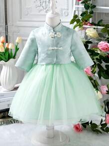 SHEIN 2pcs/Set Girls Vintage Chinese Style Half Sleeve Woven Jacquard Jacket + Light Mesh Overlay Dress, Retro-Modern Princess Style Outfit For Spring/Autumn