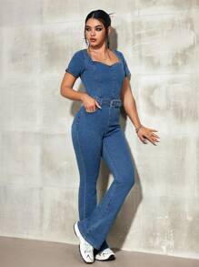 SHEIN EZwear 休闲水洗修身弹力喇叭腿牛仔连体裤，适合户外和日常活动 - 藍色 - 查看 5