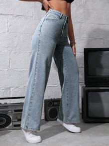 休闲洗水高腰直筒牛仔裤 - 淺色水洗藍 - 查看 5