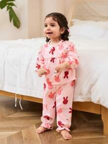 SHEIN 2pcs Baby Girl Cute Rabbit Full Print Textured Fabric Loose Fit Long Sleeve Top And Long Pants Casual Home Outfit Set - Pink - View 4