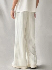 Manfinity VCAY Men's Woven Casual Everyday Striped Elastic Waist Lounge Pants, Plain Long Vacation Slacks Pants, For Husband, Boyfriend Gifts - Black and White - View 2