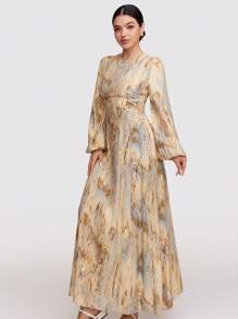 Mulvari Đầm thường ngày in họa tiết cổ tròn dài tay thu đông cho nữ - Rượu sâm banh - Xem 5