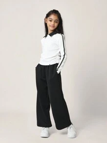 SUMWON 青少年女孩舒适罗纹长袖纯色 T 恤，带饰带，撞色领子 - 白色 - 查看 3