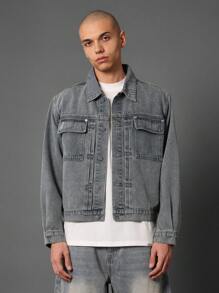 Sumwon Projects Script Logo Vintage Denim Jacket Streetwear Casual Workwear Trucker Style Button Front Outerwear - Light Wash - View 3