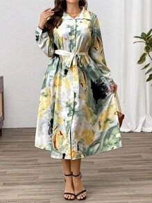 SHEIN Clasi Plus Size Front Button Long Sleeve Printed Tie Front Casual Dress - Multicolor - View 6