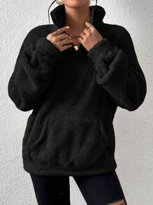 SHEIN PETITE CURVE 大码休闲纯色羊毛立领连帽衫，秋冬款