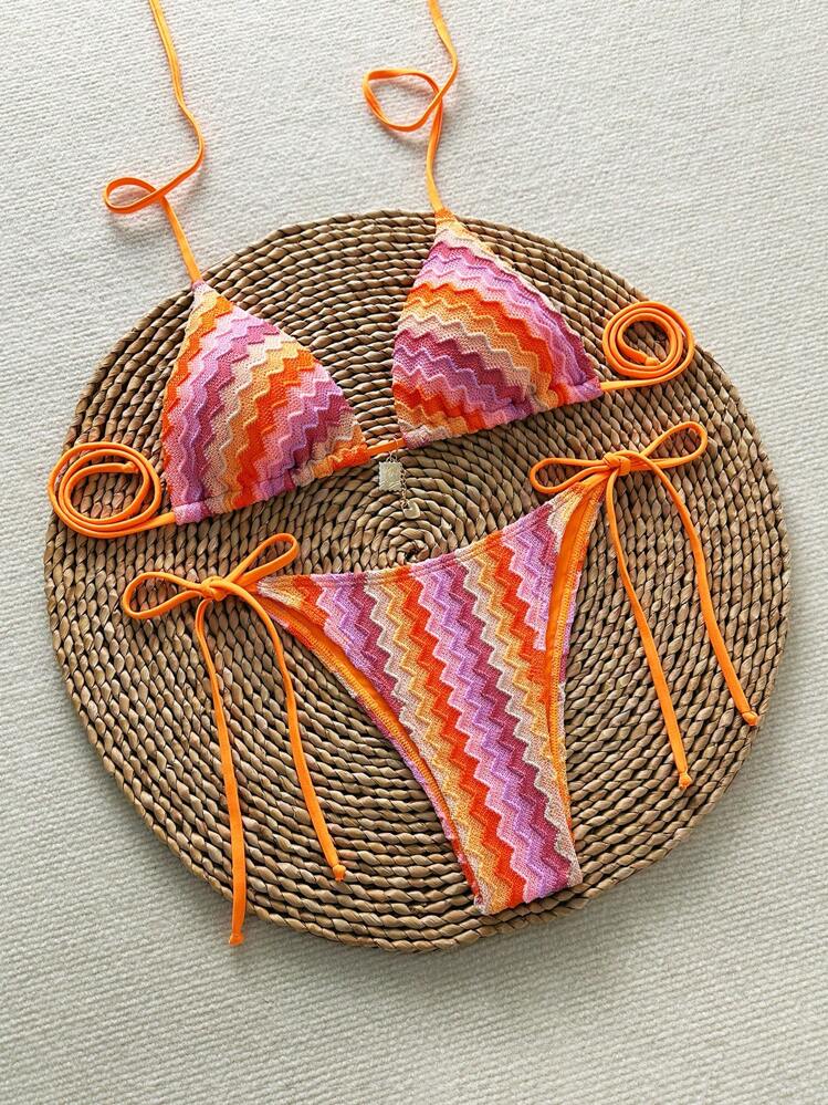 Swim Vcay Zomerse kleurrijke haltertop met print en driehoekige spaghettibandjes bikiniset met strik aan de zijkant voor dames - Veel kleurig - Bekijken 1