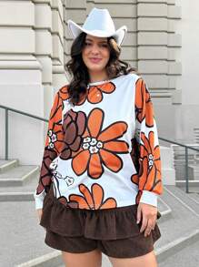 SHEIN LUNE Women Floral Print Round Neck Long Sleeve Casual Top, Everyday Wear - Multicolor - View 4