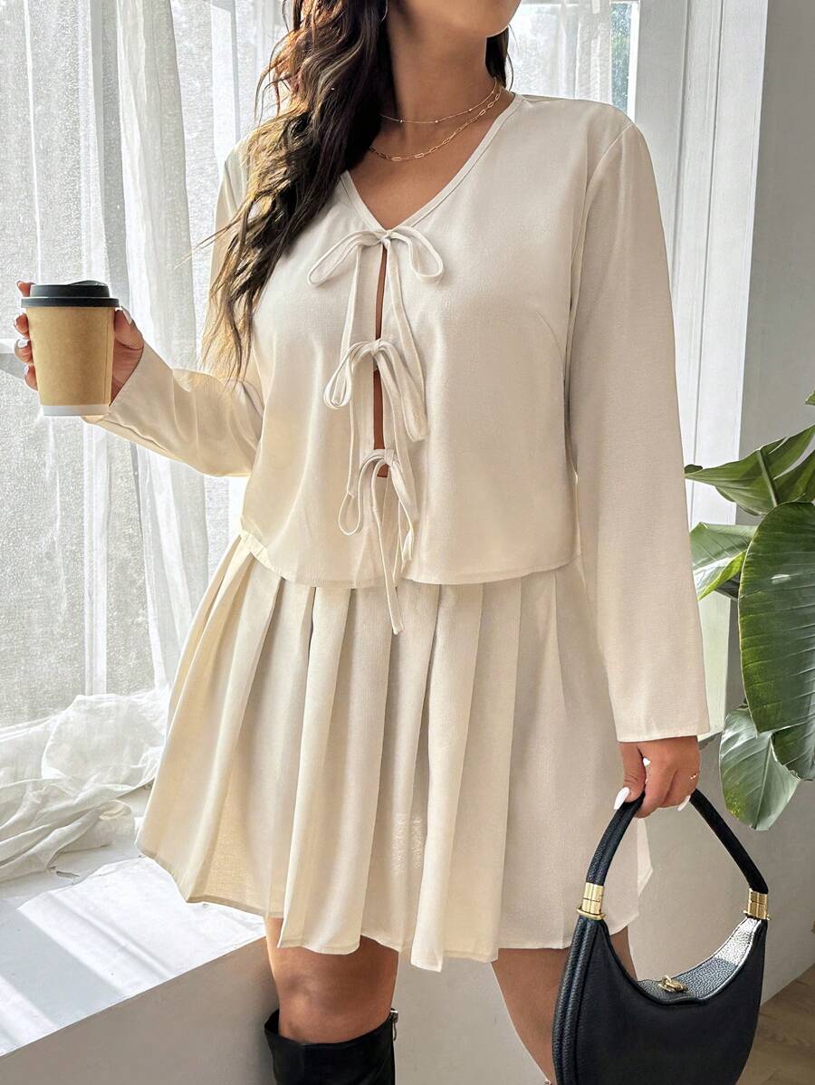 SHEIN Frenchy Plus Size Casual Minimalist College Style 2 Pieces Set, Long Sleeve Blouse And Pleated Mini Skirt, Suitable For School And Everyday Wear - Apricot - View 1
