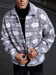 Manfinity Homme Men's Autumn And Winter Reversible Plush Warm INS Western Cowboy-Style Gray Shirt Jacket With Geometric Pattern Print, Featuring A Turn-Down Collar And Button Closure. Stylish And Cozy, Perfect For Layering In Colder Weather! Winter Men Jacket ,Thermal Shirts ,Fall And Winter Men Clothes