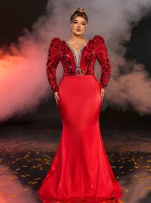 Glamrae Plus Size Formal Evening Gown With Sequin Patchwork, Chain Decor & Puff Sleeves, Wedding Guest Dress - Red - View 1
