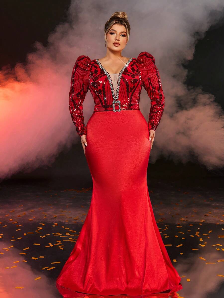 Glamrae Plus Size Formal Evening Gown With Sequin Patchwork, Chain Decor & Puff Sleeves, Wedding Guest Dress - Red - View 1