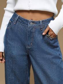 Forever 21 秋冬女士口袋宽松阔腿深蓝色水洗复古牛仔裤