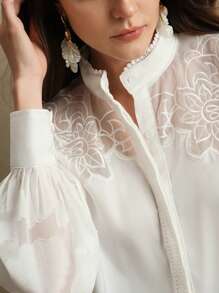 Anewsta 高端品质创新小众法式蕾丝拼布女式长袖衬衫 - 白色 - 查看 2