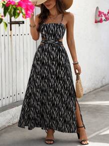Chiquease Women's Holiday Cut-Out Waist Contrast Color Print Slit Open Back Cami Dress - Black - View 6