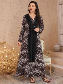 Al Najma Women's V-Neck Pullover Pleated Chiffon Kaftan Dress With Leopard Print, Spring/Summer - Multicolor - View 5