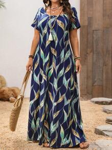 EMERY ROSE Plus Size Women Blue Floral Print Short Sleeve Square Neck Maxi Dresses,Vacation Dresses ,Women Summer Dresses