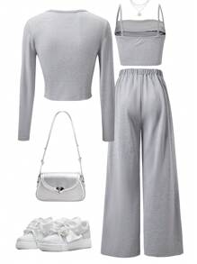 2pcs/Set Teen Girl Cropped Long Sleeve Cardigan, Ruffle Camisole And Wide Leg Pants - Grey - View 2