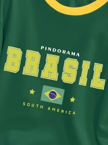 Manfinity Campus Court 男士拼布 T 恤 Manfinity Hypemode，绿色和黄色巴西足球运动元素和字母印花图案，撞色拼布短袖 - 彩色 - 查看 3