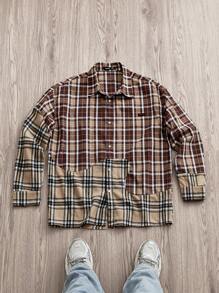 Manfinity VCAY Áo sơ mi nam dệt chắp vá kẻ sọc rộng rãi, mặc hàng ngày - Cà phê nâu - Xem 1