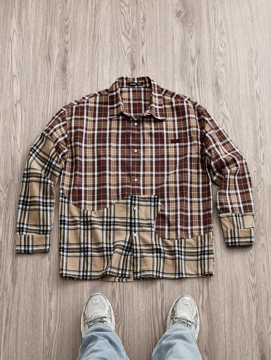 Manfinity VCAY Áo sơ mi nam dệt chắp vá kẻ sọc rộng rãi, mặc hàng ngày - Cà phê nâu - Xem 1