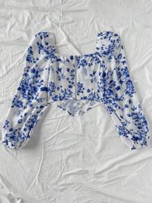 Soleia 女士度假休闲浪漫度假蓝白不对称下摆弧形设计长袖衬衫，适合派对、约会、情人节、狂欢节、复活节、下午茶 - 藍白色 - 查看 2