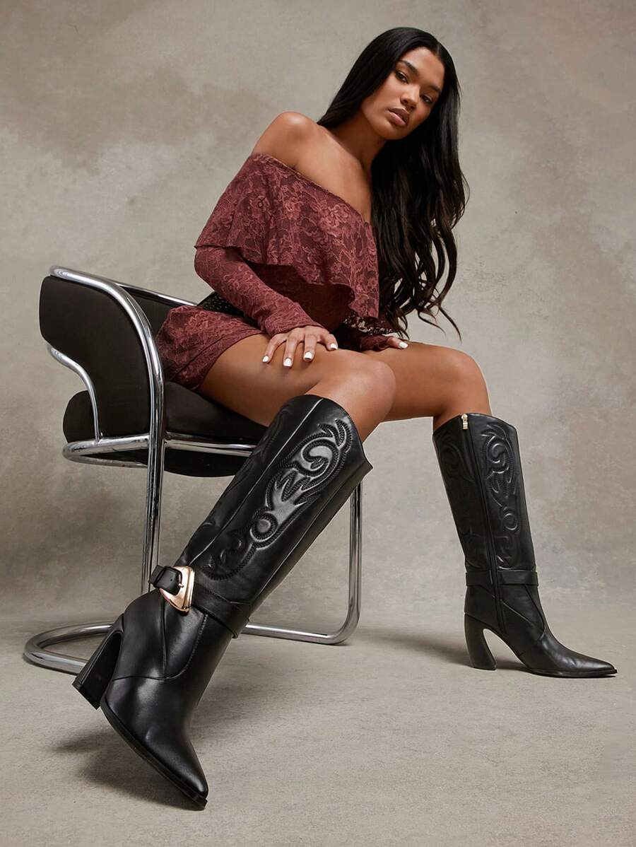 SHUZIA Women Cowboy Cute Western Styled Buckled Decor Black High Heeled Boots New Year Holiday - Black - View 1