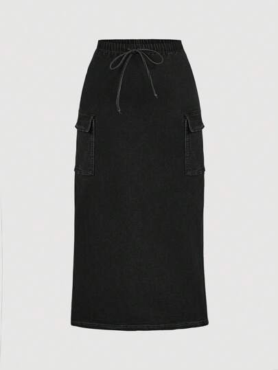SHEIN MOD Plus Size Casual Stretchy Black Long Cargo Denim Skirt