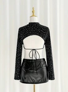 SHEIN ICON 高领长袖露背系带水钻装饰 T 恤 - 黑色 - 查看 2