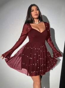 Viva Relle Rochie midi de petrecere cu mâneci clopot pentru femei de mărime mare - Burgundia - Vizualizare 4