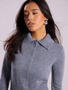 MUSERA Ribbed Collared Double Zip Cardigan Spring Business Casual Elegant Old Money Brunch - Grey - View 5